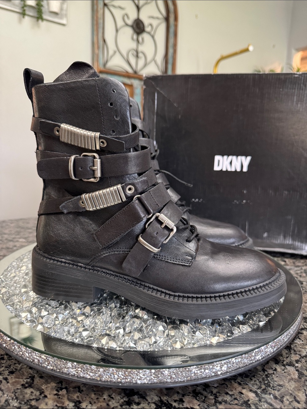 DKNY Black Leather moto Buckle Strap Combat Boots NWT 7.5